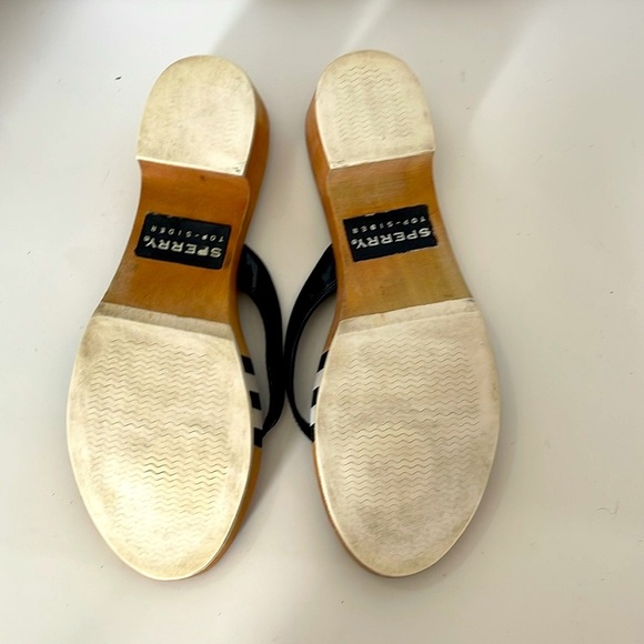 Sperry Top Sider Black and Tan Striped Wooden Sandals Size 7 Flip Flop Slip On - Picture 13 of 14